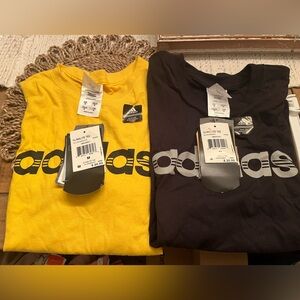Adidas Black and Yellow Logo Tees M